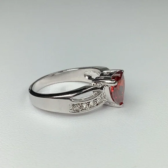 Red CZ Heart Ring With Clear Accent Stones, Silver Color, Size 7, Love - Picture 4 of 6